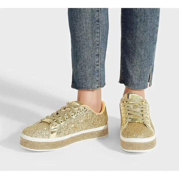 Women's Gold Platform Glitter  Sneakers | Sparkly Bling Shiny Dressy - Picture 6 of 9